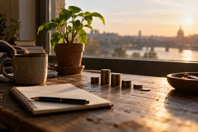 Generated cinematic image: Coins, a notebook and a growing plant on a desk.