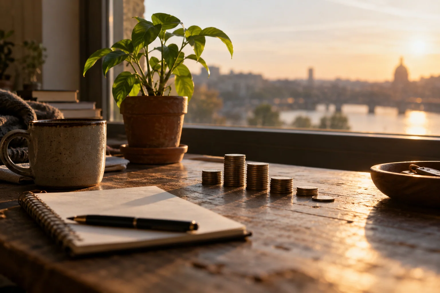Generated cinematic image: Coins, a notebook and a growing plant on a desk.