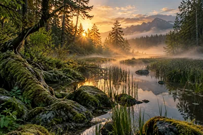 Generated cinematic image: A forest and wetland stream in natural sunrise mist.