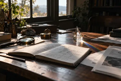 Generated cinematic image: A research notebook, magnifying glass, papers and a prism.