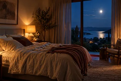 Generated cinematic image: A serene bedroom with moonlight, linen and a warm bedside lamp.