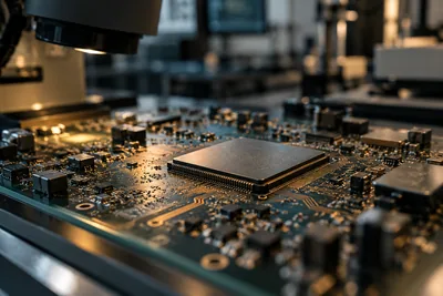 Generated cinematic image: A silicon processor and copper traces on a circuit board.