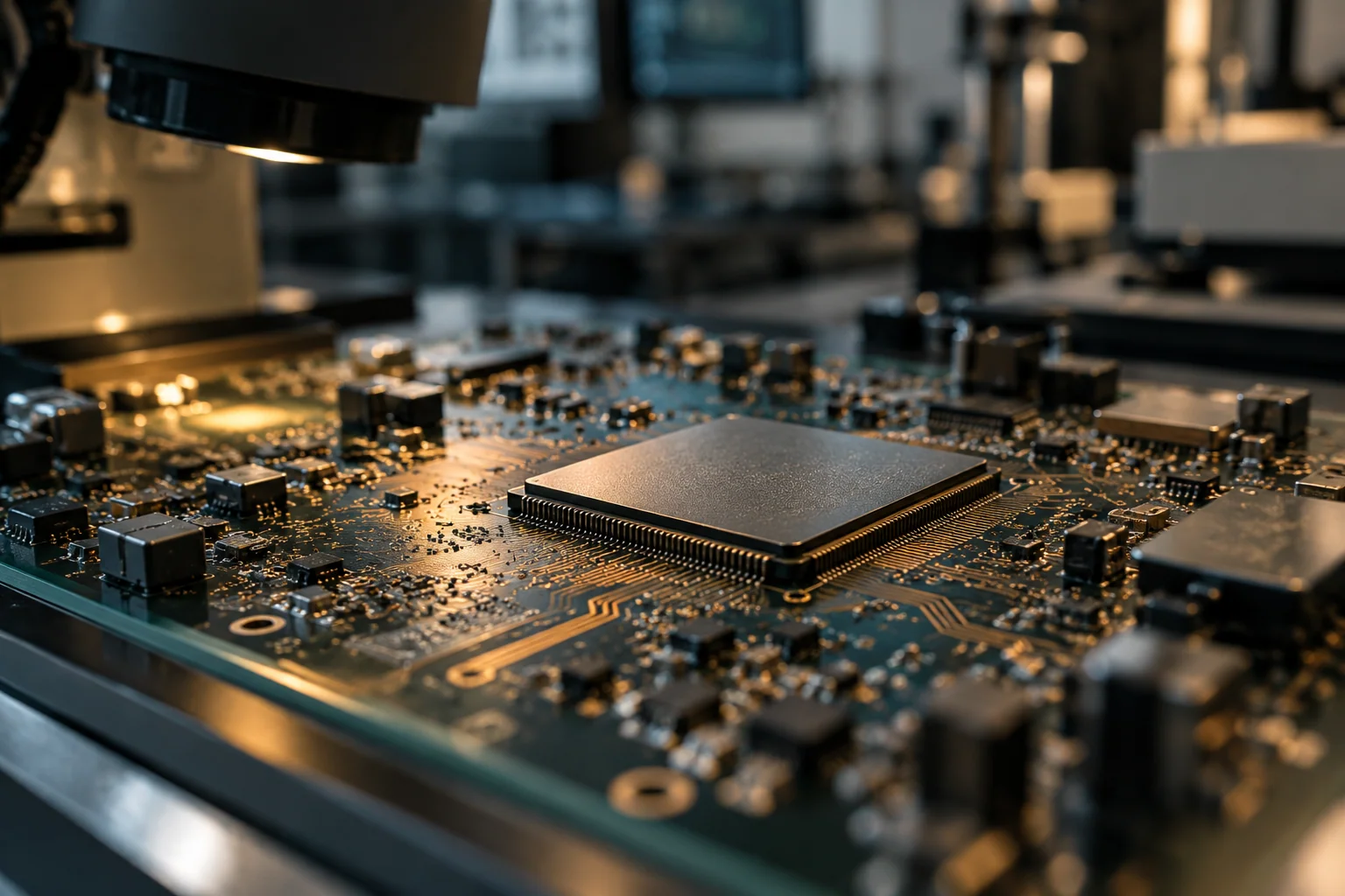 Generated cinematic image: A silicon processor and copper traces on a circuit board.