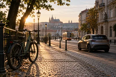 Generated cinematic image: A city street with a bicycle, electric car and tram tracks.