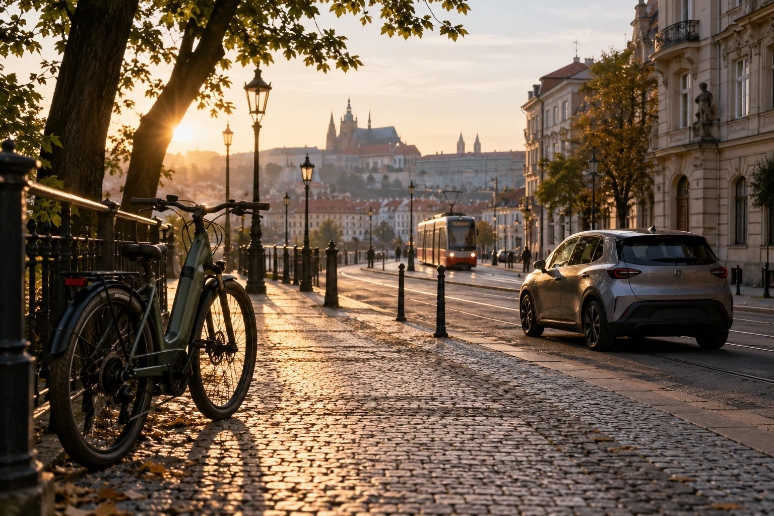 Generated cinematic image: A city street with a bicycle, electric car and tram tracks.