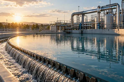 Generated cinematic image: A water treatment facility with stainless steel pipes and filtration equipment.