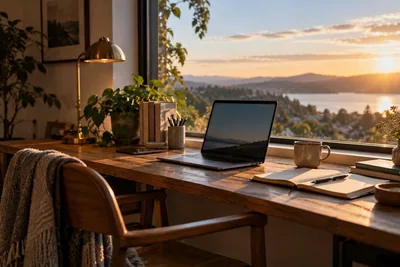 Generated cinematic image: A considered workspace with a laptop, notebook and warm daylight.