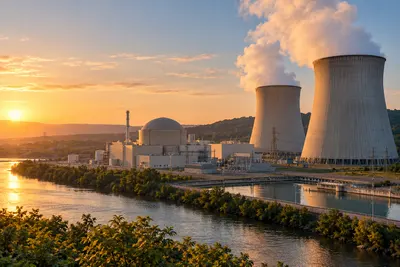 Generated cinematic editorial image for “How does a nuclear power plant produce electricity and what happens to the waste?”.
